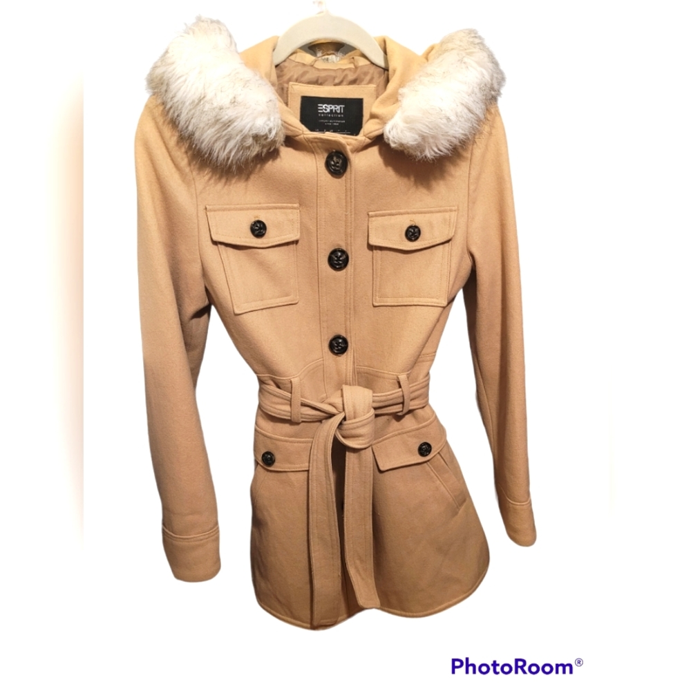 Espirit Luxury Wool-Blend Coat Faux Fur Trim Hood Camel Size Small